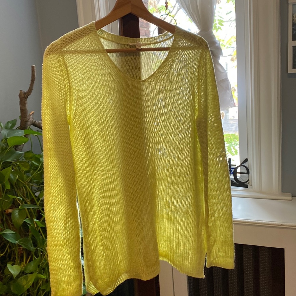 Eileen Fisher, organic linen knit sweater, lime green, euc